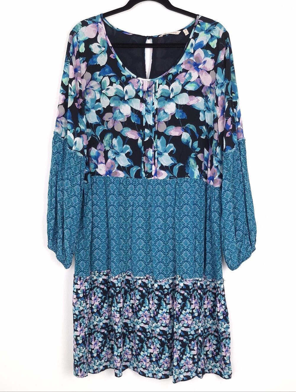 Soft Surroundings Night Bloom Dress floral patchwork tunic balloon sleeve boho